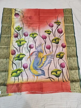 Red and Ivory Pure Bangalore Silk Saree with Woven Baluchari Border and Handcrafted Lotus Pond Crane Bird Handprint Art