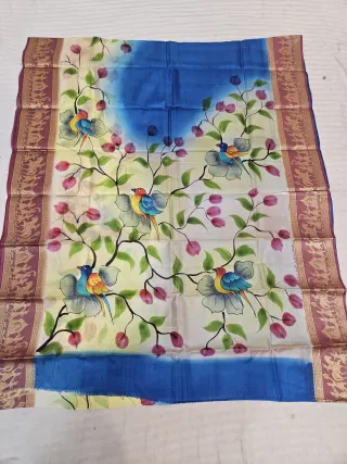 Royal Blue and Ivory Pure Bangalore Silk Saree with Woven Baluchari Border and Handcrafted Songbirds and Floral Branch Handprint Art