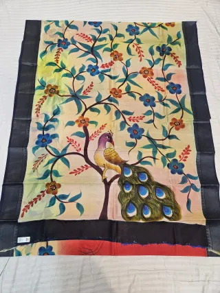 Pale Lemon and Ivory Pure Bangalore Silk Saree with Midnight Black Borders and Handcrafted Tree of Life Peacock Handprint Art