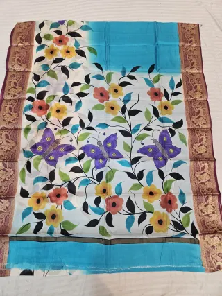 Blue and Ivory Pure Bangalore Silk Saree with Woven Baluchari Border and Handcrafted Purple Butterfly Floral Handprint Art