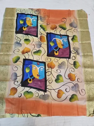 Peach Orange and Ivory Pure Bangalore Silk Saree with Woven Baluchari Border and Handcrafted Cubist Folk Face Handprint Art
