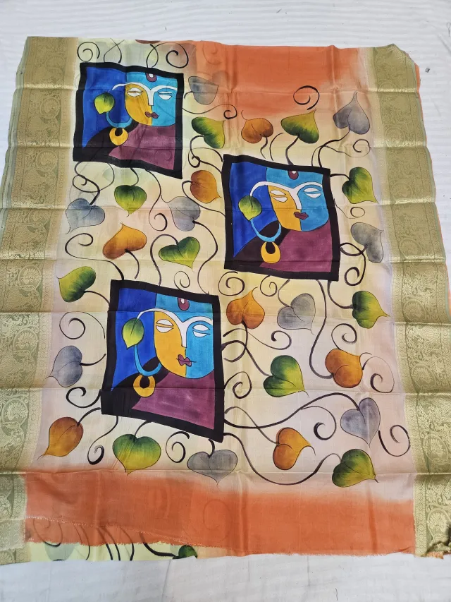 Peach Orange and Ivory Pure Bangalore Silk Saree with Woven Baluchari Border and Handcrafted Cubist Folk Face Handprint Art