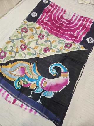 Black and Rani Pink Pure Murshidabad Silk Shibori Saree with Hand-Painted Peacock and Floral Art