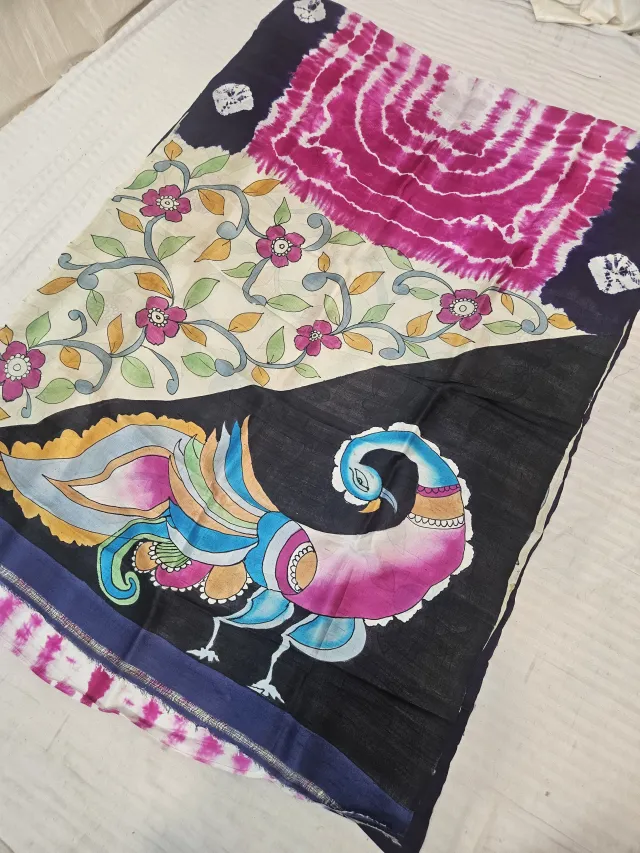 Black and Rani Pink Pure Murshidabad Silk Shibori Saree with Hand-Painted Peacock and Floral Art