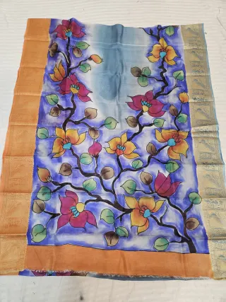 Royal Blue and Apricot Pure Bangalore Silk Saree with Woven Baluchari Border and Handcrafted Lily Vine Floral Handprint Art