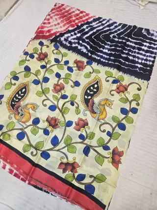 Cream and Indigo Pure Murshidabad Silk Shibori Saree with Hand-Painted Twin Peacock and Tree of Life Art