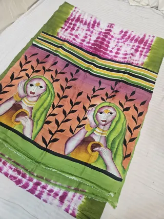 Parrot Green and Magenta Pure Murshidabad Silk Shibori Saree with Hand-Painted Village Maiden Art