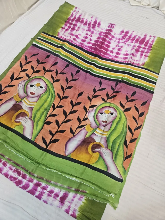 Parrot Green and Magenta Pure Murshidabad Silk Shibori Saree with Hand-Painted Village Maiden Art