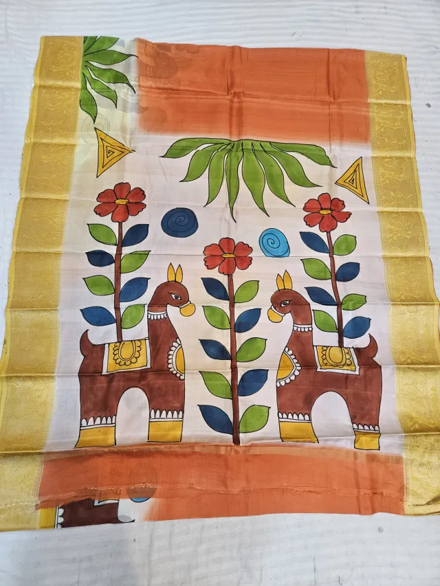 Peach Orange and Ivory Pure Bangalore Silk Saree with Woven Baluchari Border and Handcrafted Bankura Folk Horse Handprint Art