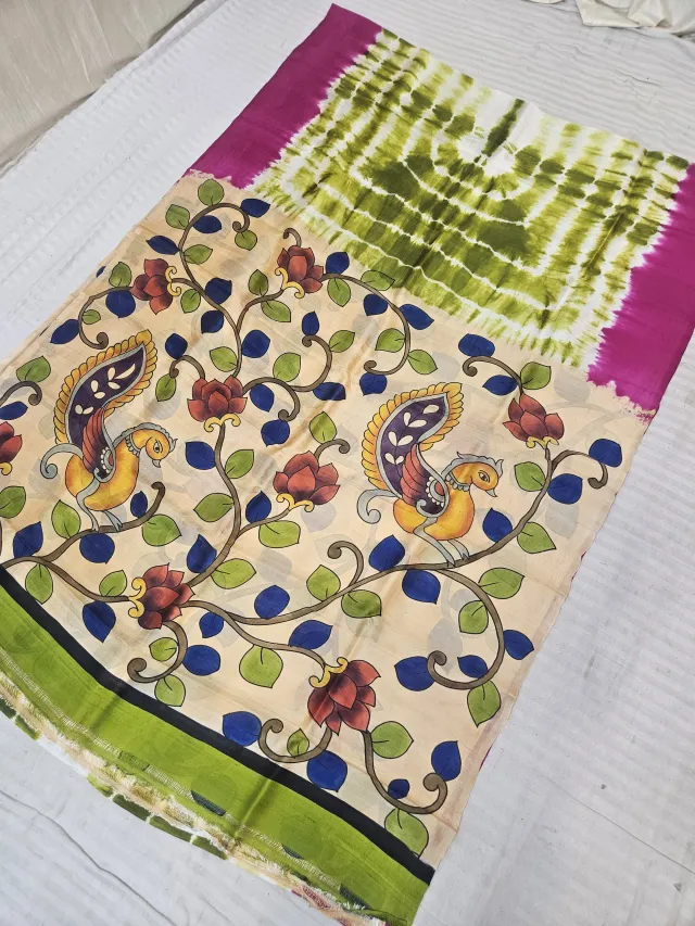 Cream and Olive Green Pure Murshidabad Silk Shibori Saree with Hand-Painted Twin Peacock and Tree of Life Art