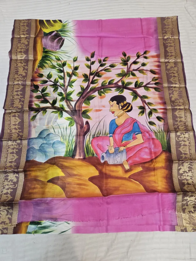 Rose Pink and Ivory Pure Bangalore Silk Saree with Woven Baluchari Border and Handcrafted Bengal Village Belle Tree Handprint Art