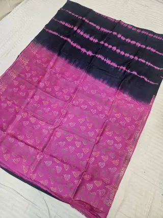 Black and Rani Pink Pure Murshidabad Silk Shibori Saree with Golden Foliage Print
