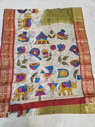 Ivory and Crimson Red Pure Bangalore Silk Saree with Woven Baluchari Border and Handcrafted Batik Crackle Folk Elephant Motif Handprint Art