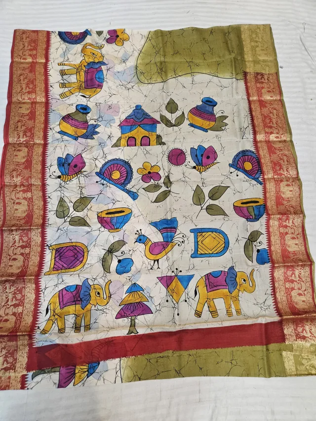 Ivory and Crimson Red Pure Bangalore Silk Saree with Woven Baluchari Border and Handcrafted Batik Crackle Folk Elephant Motif Handprint Art