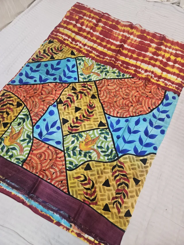 Multi-Colour Pure Murshidabad Silk Shibori Saree with Hand-Painted Abstract Mosaic Bird Art
