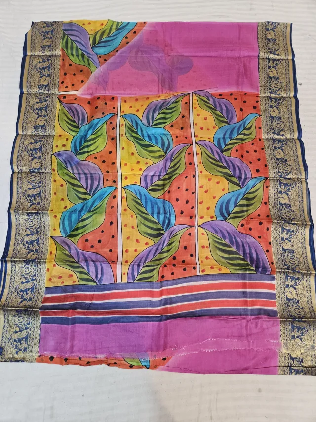 Magenta and Sunset Orange Pure Bangalore Silk Saree with Woven Baluchari Border and Handcrafted Stylized Folk Leaf Panel Handprint Art
