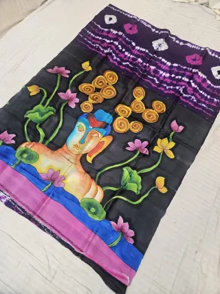 Black Pure Murshidabad Silk Shibori Saree with Hand-Painted Buddha and Lotus Pond Art