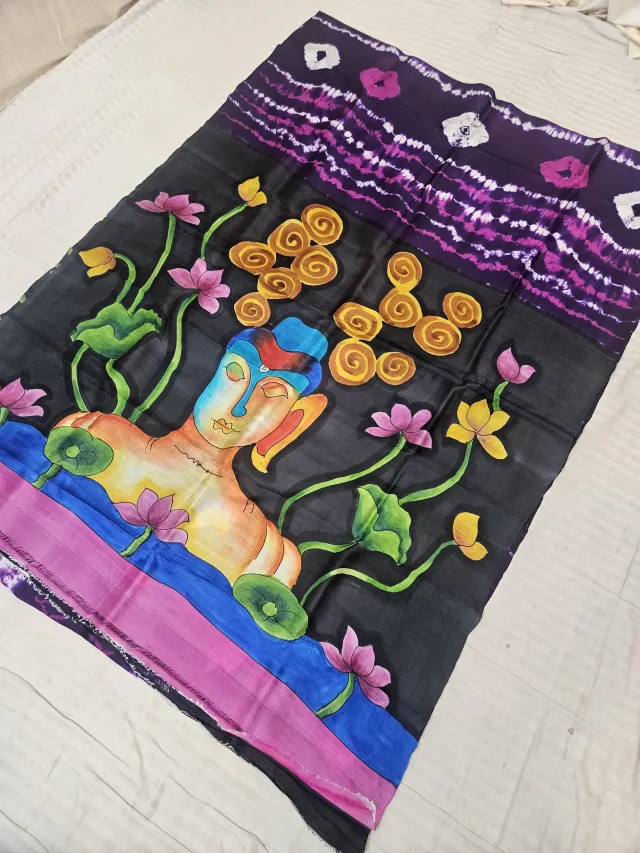 Black Pure Murshidabad Silk Shibori Saree with Hand-Painted Buddha and Lotus Pond Art