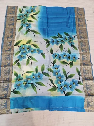 Azure Blue and Ivory Pure Bangalore Silk Saree with Woven Baluchari Border and Handcrafted Blue Blossom Branch Handprint Art