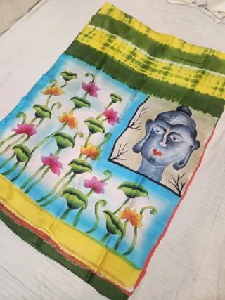 Sky Blue and Olive Green Pure Murshidabad Silk Shibori Saree with Hand-Painted Buddha and Lotus Pond Art