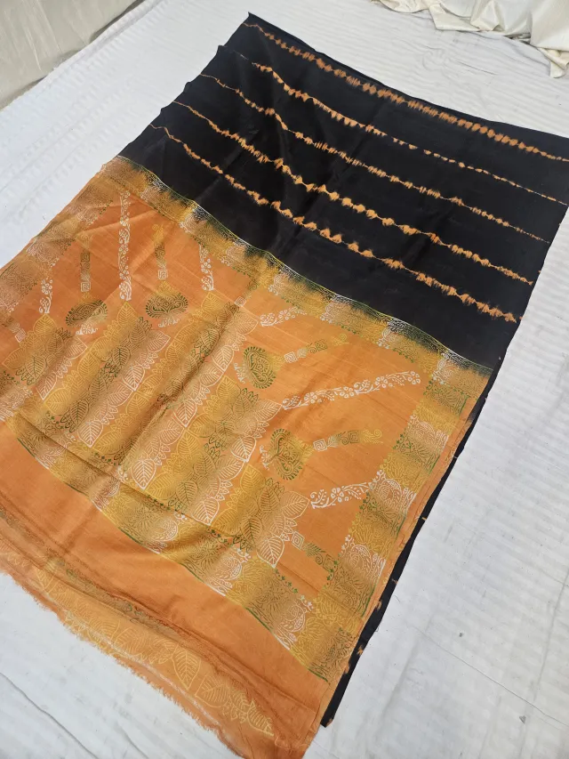 Black and Rustic Orange Pure Murshidabad Silk Shibori Saree with Botanical Foliage Print