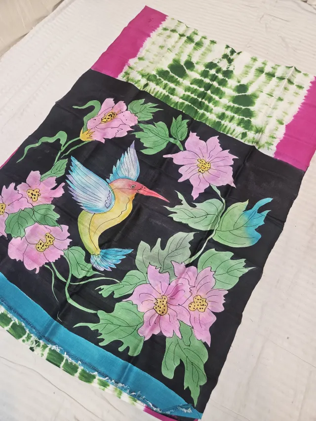 Black Pure Murshidabad Silk Shibori Saree with Hand-Painted Hummingbird and Floral Art