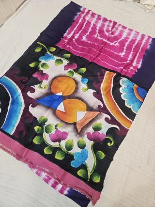 Navy and Rani Pink Pure Murshidabad Silk Shibori Saree with Hand-Painted Abstract Fish and Floral Art