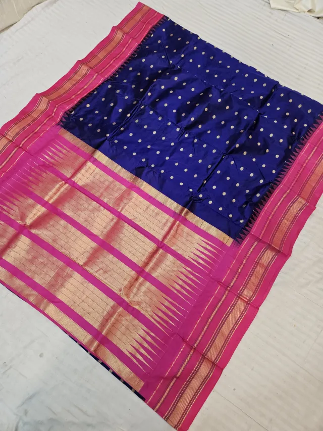 Royal Navy Blue and Rani Pink Pure Mulberry Silk Gadwal Buti Saree with Woven Temple Zari Border