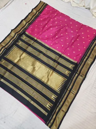 Rani Pink and Jet Black Pure Mulberry Silk Buti Gadwal Saree with Woven Golden Zari Temple Border and Rich Brocade Pallu