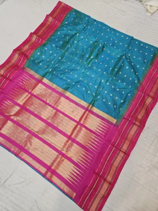 Peacock Blue and Rani Pink Pure Mulberry Silk Buti Gadwal Saree with Woven Golden Zari Temple Border and Rich Brocade Pallu