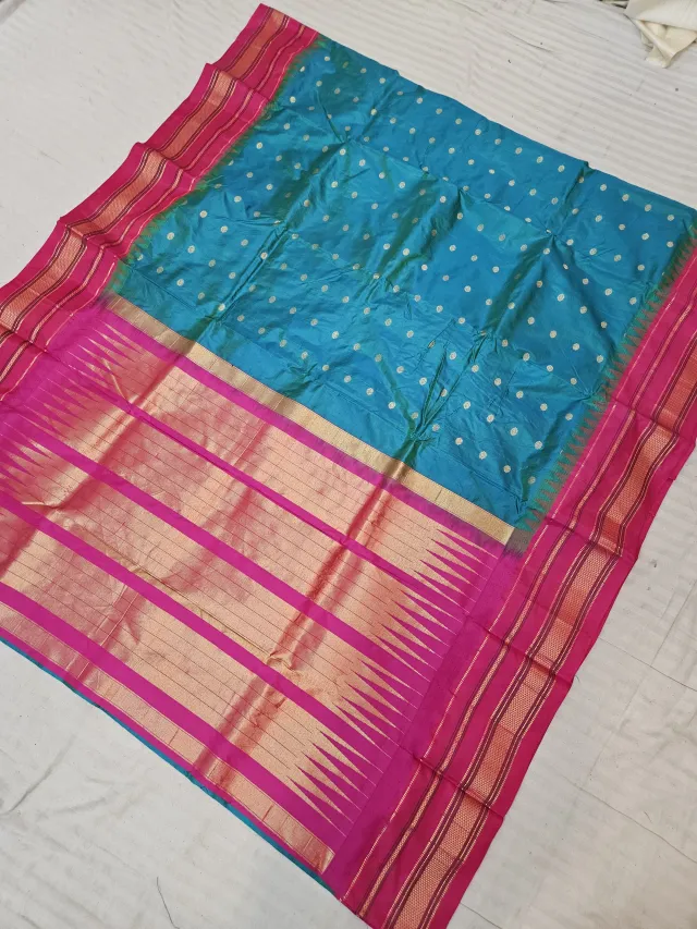 Peacock Blue and Rani Pink Pure Mulberry Silk Buti Gadwal Saree with Woven Golden Zari Temple Border and Rich Brocade Pallu