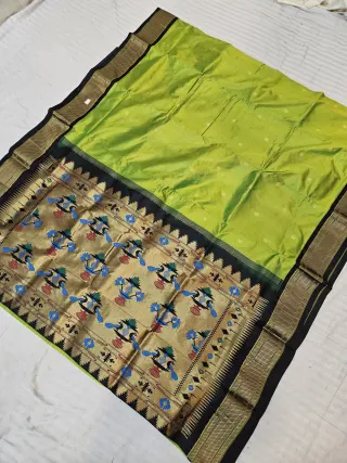 Parrot Green and Jet Black Pure Mulberry Silk Buti Gadwal Saree with Woven Zari Temple Border and Meenakari Peacock Pallu
