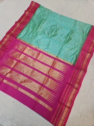 Sea Green and Rani Pink Pure Mulberry Silk Buti Gadwal Saree with Woven Zari Temple Border and Rich Brocade Pallu