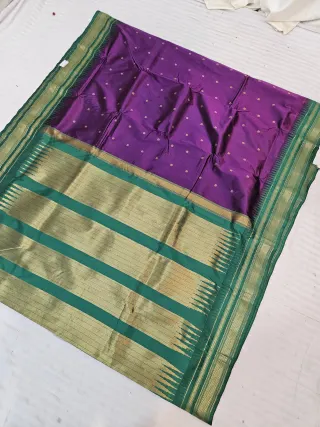 Royal Purple and Emerald Green Pure Mulberry Silk Buti Gadwal Saree with Woven Zari Temple Border and Rich Brocade Pallu