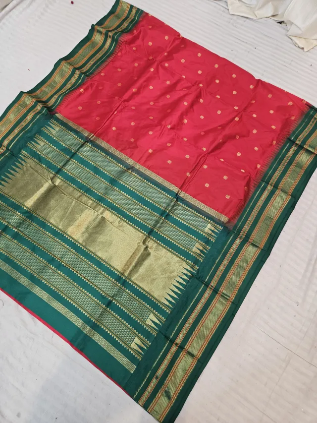 Crimson Red and Emerald Green Pure Mulberry Silk Buti Gadwal Saree with Woven Golden Zari Temple Border and Rich Brocade Pallu
