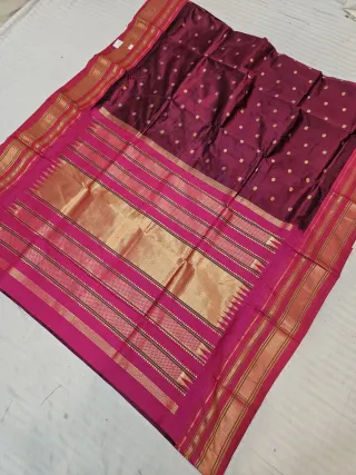 Wine Burgundy and Rani Pink Pure Mulberry Silk Buti Gadwal Saree with Woven Golden Zari Temple Border and Rich Brocade Pallu