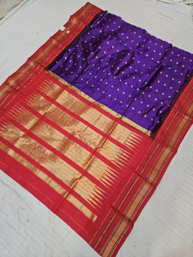 Royal Purple and Crimson Red Pure Mulberry Silk Buti Gadwal Saree with Woven Golden Zari Temple Border and Rich Brocade Pallu