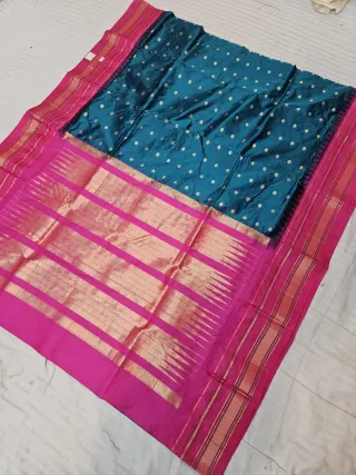 Peacock Teal and Rani Pink Pure Mulberry Silk Buti Gadwal Saree with Woven Golden Zari Temple Border and Rich Brocade Pallu
