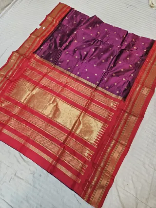 Plum Purple and Crimson Red Pure Mulberry Silk Buti Gadwal Saree with Woven Golden Zari Temple Border and Rich Brocade Pallu