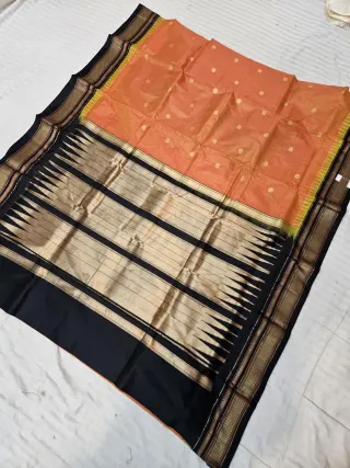 Apricot Orange and Jet Black Pure Mulberry Silk Buti Gadwal Saree with Woven Golden Zari Temple Border and Rich Brocade Pallu