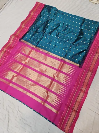 Peacock Blue and Rani Pink Pure Mulberry Silk Buti Gadwal Saree with Woven Golden Zari Temple Border and Rich Brocade Pallu