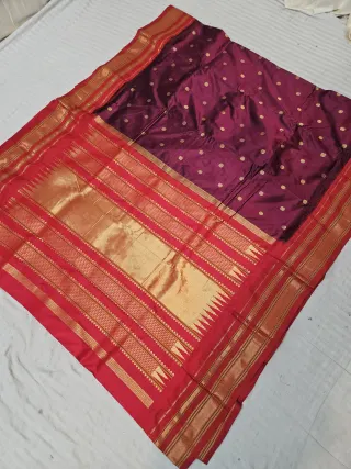 Wine Burgundy and Crimson Red Pure Mulberry Silk Buti Gadwal Saree with Woven Golden Zari Temple Border and Rich Brocade Pallu
