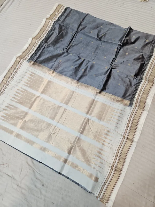 Steel Grey and Off-White Pure Mulberry Silk Buti Gadwal Saree with Woven Golden Zari Temple Border and Rich Brocade Pallu