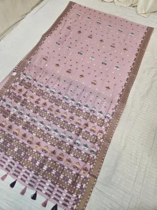 Mauve Dusty Rose Assam Tussar Soft Silk Saree with Traditional Woven Assamese Tribal Motifs and Tasselled Pallu