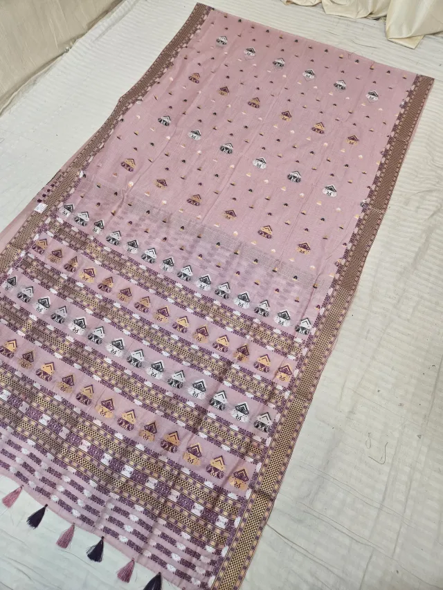 Mauve Dusty Rose Assam Tussar Soft Silk Saree with Traditional Woven Assamese Tribal Motifs and Tasselled Pallu