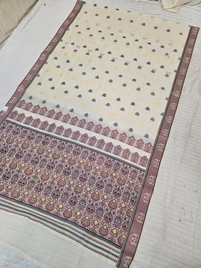 Cream and Maroon Assam Tussar Soft Silk Saree with Traditional Woven Tribal Motifs and Rich Ornamental Pallu