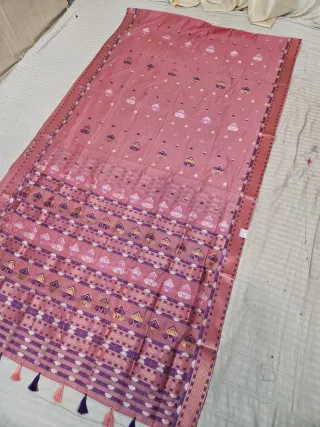 Rose Pink Assam Tussar Soft Silk Saree with Traditional Woven Assamese Tribal Motifs and Tasselled Pallu