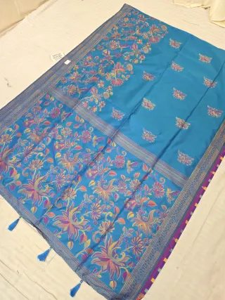 Firoza Blue Soft Silk Fancy Kantha Stitch Dancing Peacock and Floral Jaal Pallu Saree