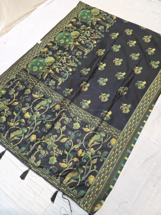 Black Soft Silk Fancy Kantha Stitch Perched Parrot and Floral Jaal Pallu Saree