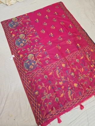 Rani Pink Fancy Soft Silk Saree with Traditional Kantha Stitch Floral and Bird Jaal and Tasselled Pallu